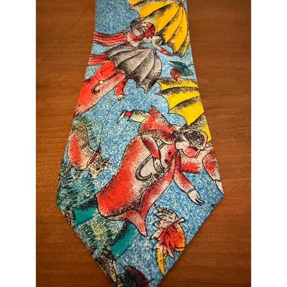 Vintage 100% Silk Made in Italy Whimsical Umbrella Autumn Leaf Blue Mens Tie